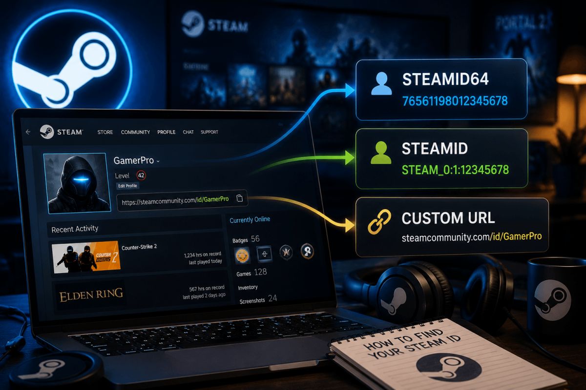 كيف تجد معرف Steam الخاص بك — SteamID، SteamID64 والرابط المخصص (2026)