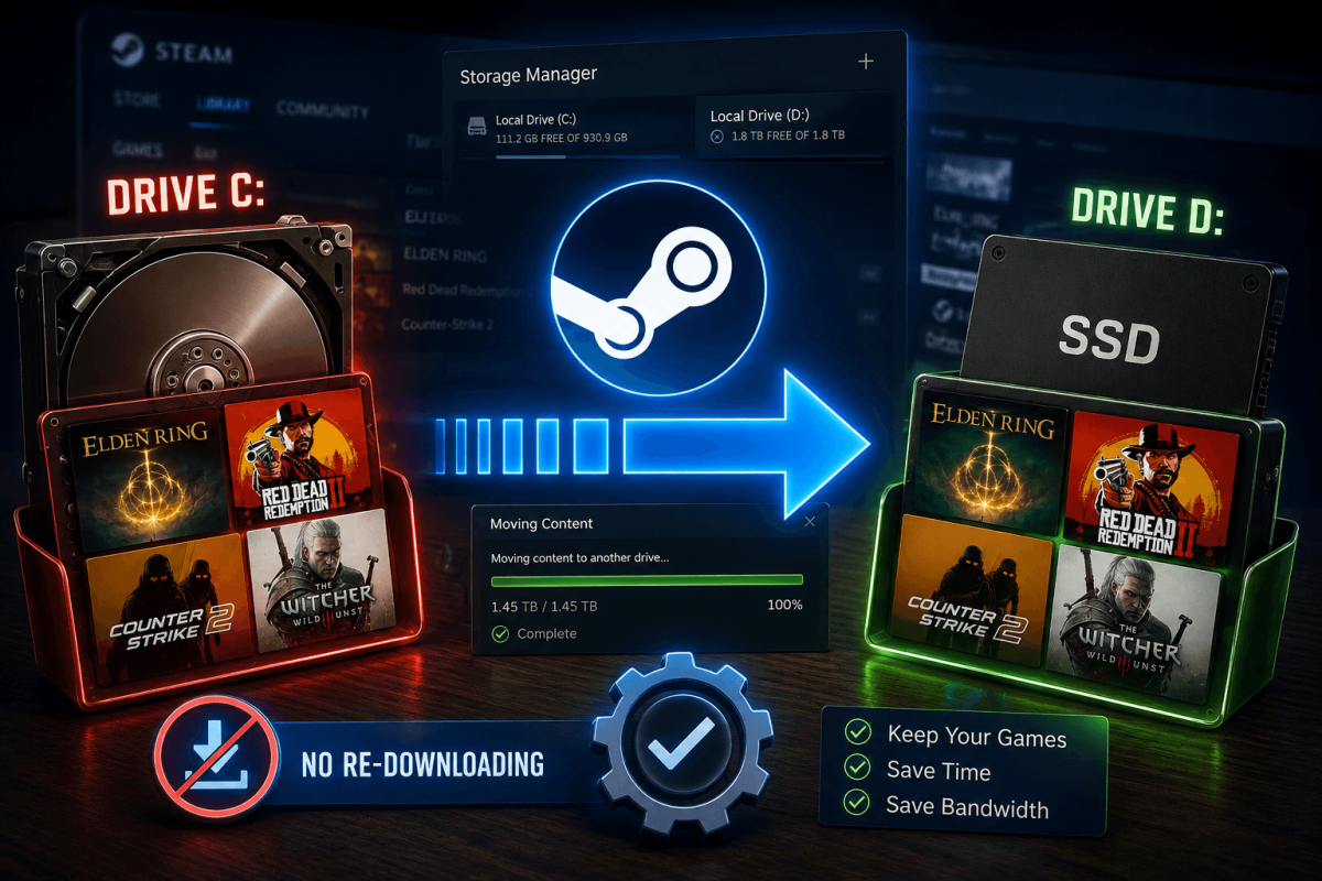 كيفية نقل ألعاب Steam إلى قرص آخر — دون إعادة التحميل (2026)