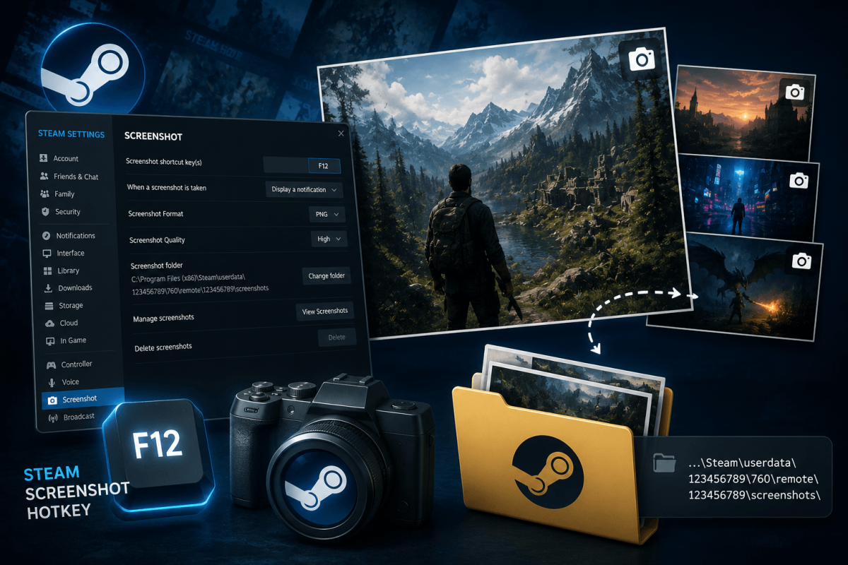 كيفية التقاط وإيجاد لقطات شاشة Steam — اختصار، مجلد وإعدادات (2026)