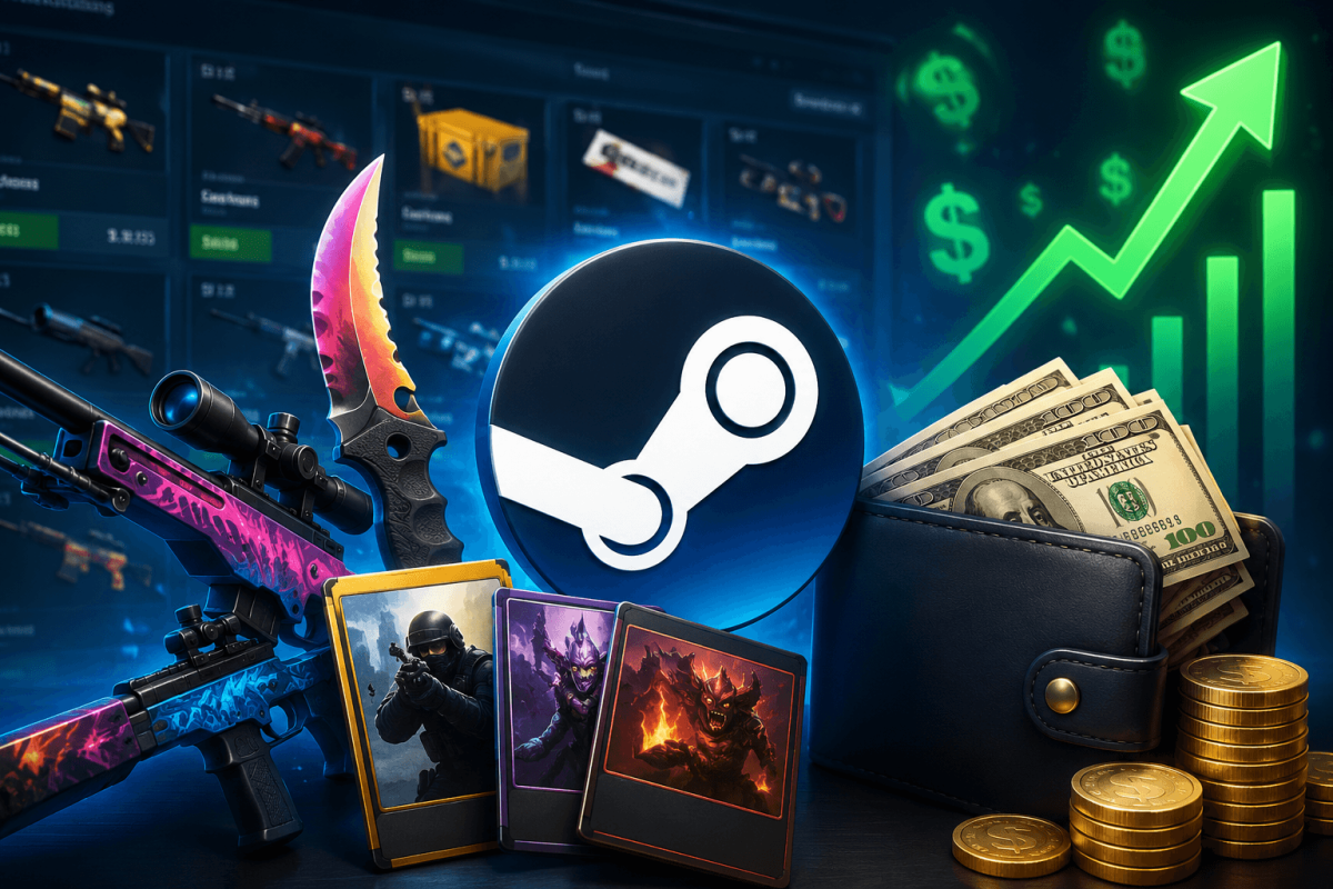كيف تربح المال من سوق Steam — بيع السكينز والعناصر والبطاقات (2026)